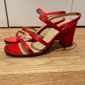 Adrienne Vittadini Strappy Sandals, Red Satin, Size 7.5 B